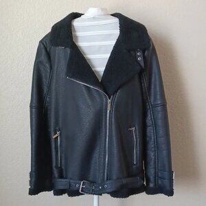 Forever 21 Black Faux Leather Shearling Long Oversized Moto Jacket, Juniors L